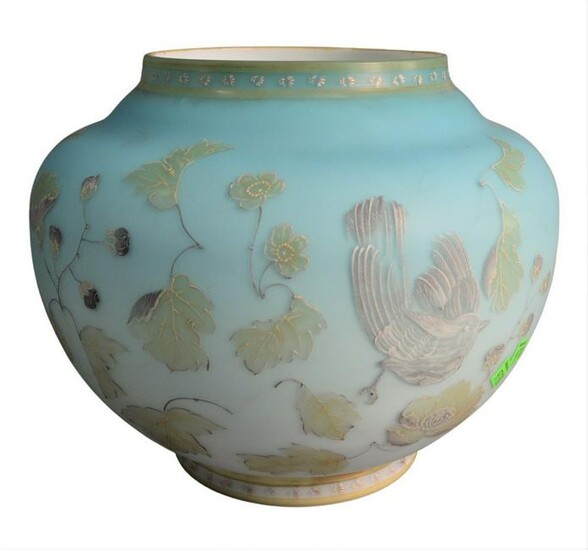 Large Turquoise Satin Glass Planter, having white and