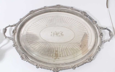 Late Victorian silver plated two handled oval tray with shell and gadrooned border, by the Goldsmiths & Silversmiths Company