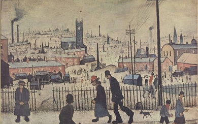 Laurence Stephen Lowry RBA RA, British 1887-1976, View of a town, 1973; offset lithograph on wove, signed in pencil, edition of 850, bearing JDC blindstamp, published by Mainstone publications in 1973, courtesy of the Usher Gallery, Lincoln...