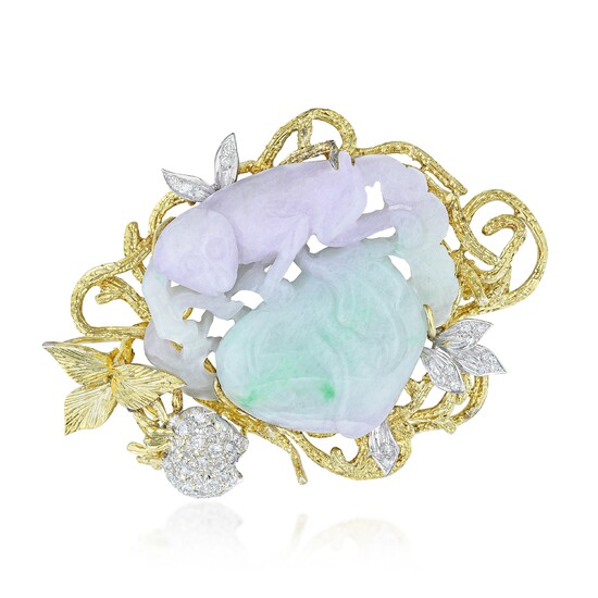 Lavender and Green Jadeite Jade and Diamond "Monkey in a Tree" Brooch/Pendant