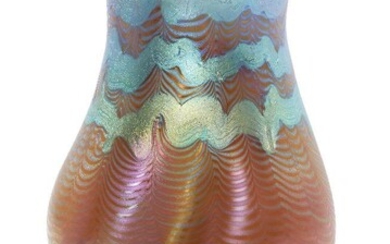Loetz (Austrian), an iridescent Phaenomen glass vase, c.1902, PG 85/5032, engraved ‘Loetz Austria’ on ground-out pontil, The body having a clear glass layer over pale milky-pink, the neck rim of triangular section and the bulbous body with twisted...