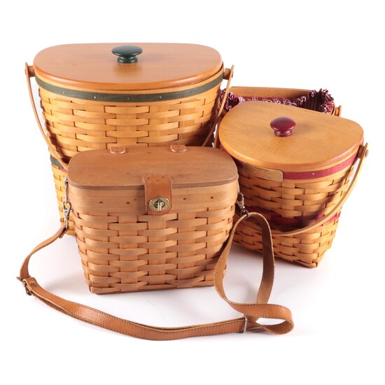 Longaberger Handwoven Handled Wood Slat Baskets, Late 20th Century