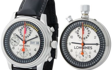 Longines. Rare and Important Honour and Glory Set in Steel of Chronograph Wristwatch Reference L7.885.4 and Stop Watch Reference 8350