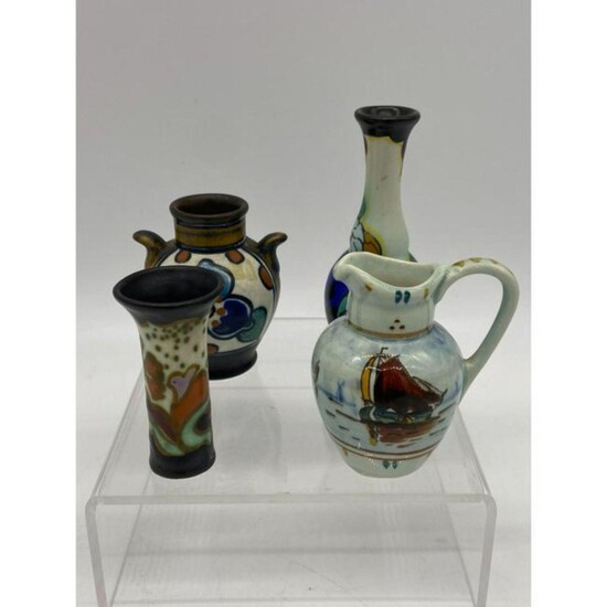 Lot Of 4 Collectible Gouda Dutch Pottery Vases & Pitche