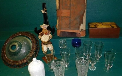 Lot of Vintage Pine Box, Ledger, & Misc Glass Items