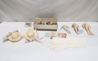 Lot of doll accessories, hats, flower basket, etc