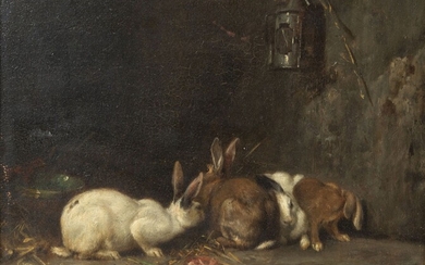 Louis Eugène LAMBERT (1825-1900). Quatre lapins. Huile sur panneau de bois, signée en bas à...