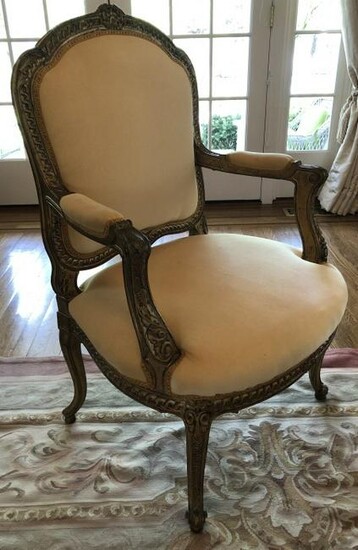 Louis XV Carved & Velvet Upholstered Bergere Chair