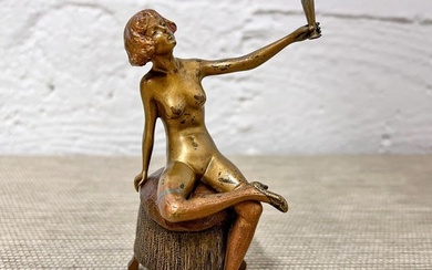 MIniature Austrian Gilt Bronze Risque Figure, nude woman holding cup Polychrome