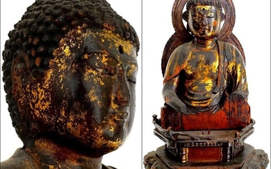 Magnificent very old statue of Amida Buddha 阿弥陀仏 with Guardian Lions - Gilt wooden deity - Japan - Muromachi period, ca. 1550