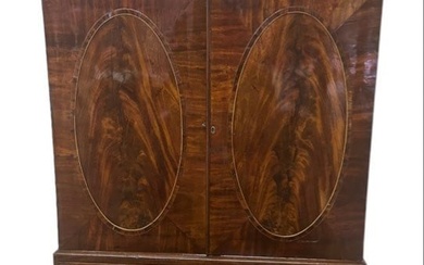 Mahogany Two Piece Linen Press on Bracket Feet w/ Mahogany Veneers and Inlaid Oval Doors and Four