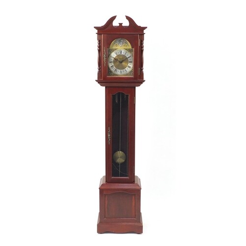Mahogany long case clock with moon face dial, 185cm high