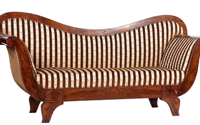 (-), Mahogany veneer Biedermeier sofa with striped upholstery,...
