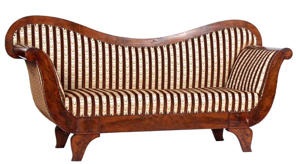 (-), Mahogany veneer Biedermeier sofa with striped upholstery,...