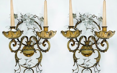 Maison Bagues Bronze & Crystal Art Deco Pair Sconces