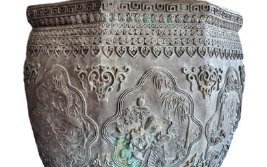 Massive Antique Chinese Bronze Urn Lark Mason Statement Scenic Dragons Cranes Panel 30 Inch 1 Of 4