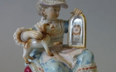 Meissen Porcelain Figurine, Girl With Dog & Mirror