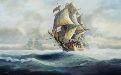 Michael James Whitehand, British b.1941- Ships in a storm; oils on canvas, signed and dated '84, 60.5 x 92 cm (ARR)
