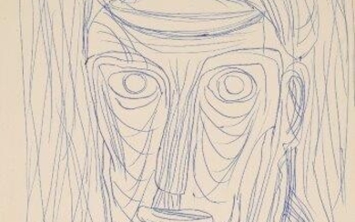 Modern British School, mid-20th century- Head studies; pen and blue ink, two, ea. signed and dated 56, ea. 38 x 28cm (2) (unframed)