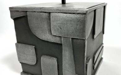 Modernist sculptural metal cube ice bucket. Relief deta
