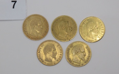 Monnaies or - France - Lot de 5 x 10 Francs Napoléon III tête nue...