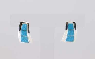 Native America Navajo Handmade Sterling Silver Turquoise Inlay Post Earring's By Cynthia Johnson.