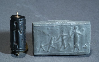 Near Eastern (Sumerian) Hematite cylinder seal with stylised figures, 20 mm l. EX BONHAMS