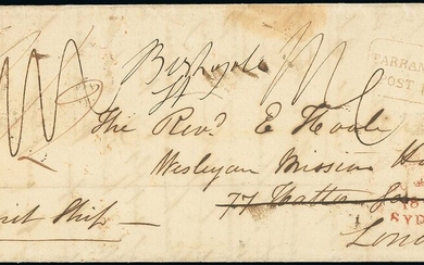 New South Wales 1840 (7 Oct.) Weslyan Mission entire to London, rated "1/2" (deleted) and "1/4...