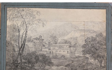 Nicolas Didier BOGUET. (Attribué à). (1755 – 1839). « Paysage au village de montagne italien...