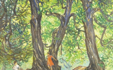 Nina Winder Reid, British 1891-1975- Old Chestnut Trees, Hampstead; oil on canvas, signed lower right, signed and titled to the reverse of the canvas, 46.5 x 56 cm (ARR). Provenance: Royal Academy Exhibition 1956, according to the label affixed to...