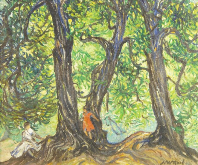 Nina Winder Reid, British 1891-1975- Old Chestnut Trees, Hampstead; oil on canvas, signed lower right, signed and titled to the reverse of the canvas, 46.5 x 56 cm (ARR). Provenance: Royal Academy Exhibition 1956, according to the label affixed to...