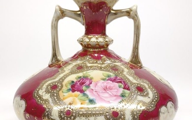 Nippon Burgundy & Gold Floral Rose Squatted Vase