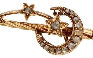 No Reserve - 14K Rose gold crescent moon brooch with diamond shooting stars.