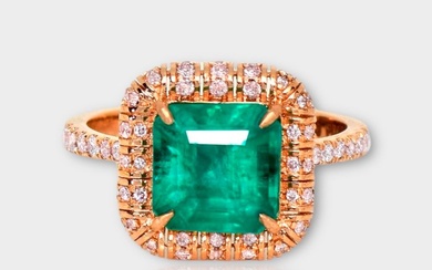 No Reserve- IGI 2.60 ct Natural Bluish Green Emerald and 0.34 ct Pink Diamonds - 14 kt. Pink gold - Ring Emerald