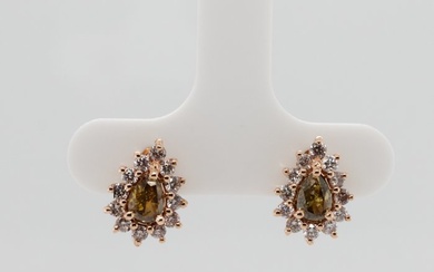 No Reserve Price - 1.18 tcw - Nat. Fancy Deep Brownish Greenish Yellow - 14 kt. Pink gold - Earrings Diamond