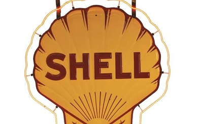 OUTSTANDING SHELL GASOLINE TWO PIECE PORCELAIN NEON