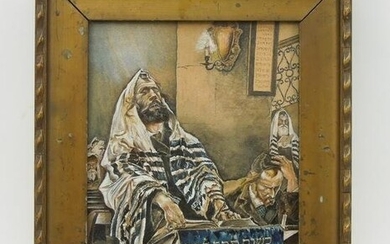 Oil on Paper Board, Rabbi Reading Torah.