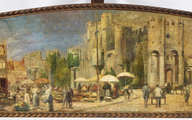 Oil on canvas View of the Castle of the Counts in Ghent, not signed, from Wilson hotel Korenlei Gent