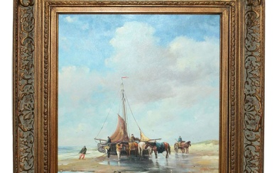 Oil on canvas painting sailboat at low tide