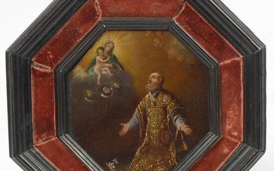 Oil on octagonal copper glued on panel "The Ecstasy of Saint Ignatius". Anonymous. Spanish school (?). Period: 17th century. Size: 9,5x9cm.