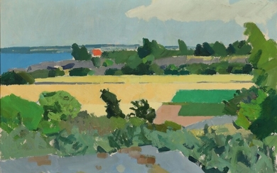 Olaf Rude: Coastal view with field. Signed Olaf Rude. Oil on canvas. 65×93 cm.