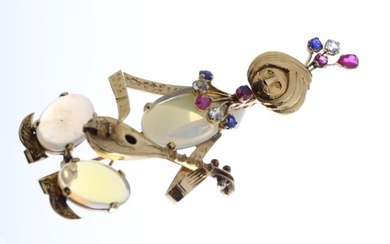 Opal and Gem Set Asian Musician Novelty Brooch, large cabochon opals, set with Rubies, Sapphires and