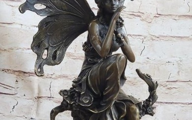 Original Art Nouveau Style Resting Fairy with Wings Bronze Sculpture - 14lbs