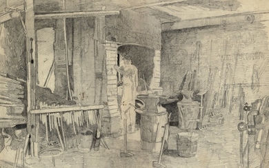 P. S. Krøyer: From the forge in Hornbæk. Sketch. Signed S. K. Pencil on paper. Sheet size 42×58 cm.