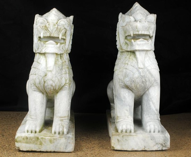 PAIR MONUMENTAL CARVED MARBLE FOO DOGS