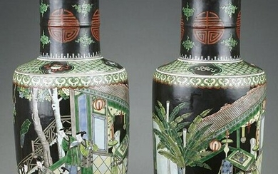 PAIR OF ANTIQUE CHINESE FAMILLE NOIR ROULEAU VASES