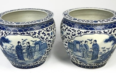 PAIR OF CHINESE BLUE AND WHITE LARGE PORCELAIN JARDINIERS