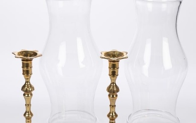 PAIR OF MOTTAHEDEH CANDLESTICKS WITH GLASS HURRICANE SHADES