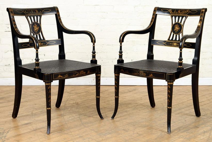 PAIR REGENCY STYLE OPEN ARM CHAIRS CANE SEATS
