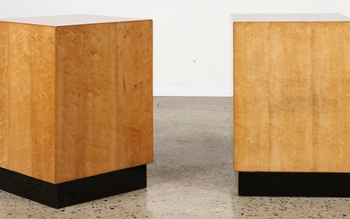 PAIR SYCAMORE END TABLES ON EBONIZED BASES
